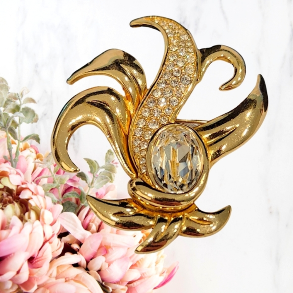 Vintage Swarovski Gold Tone Abstract Fleur de Lis Brooch Pin with Swan Hallmark